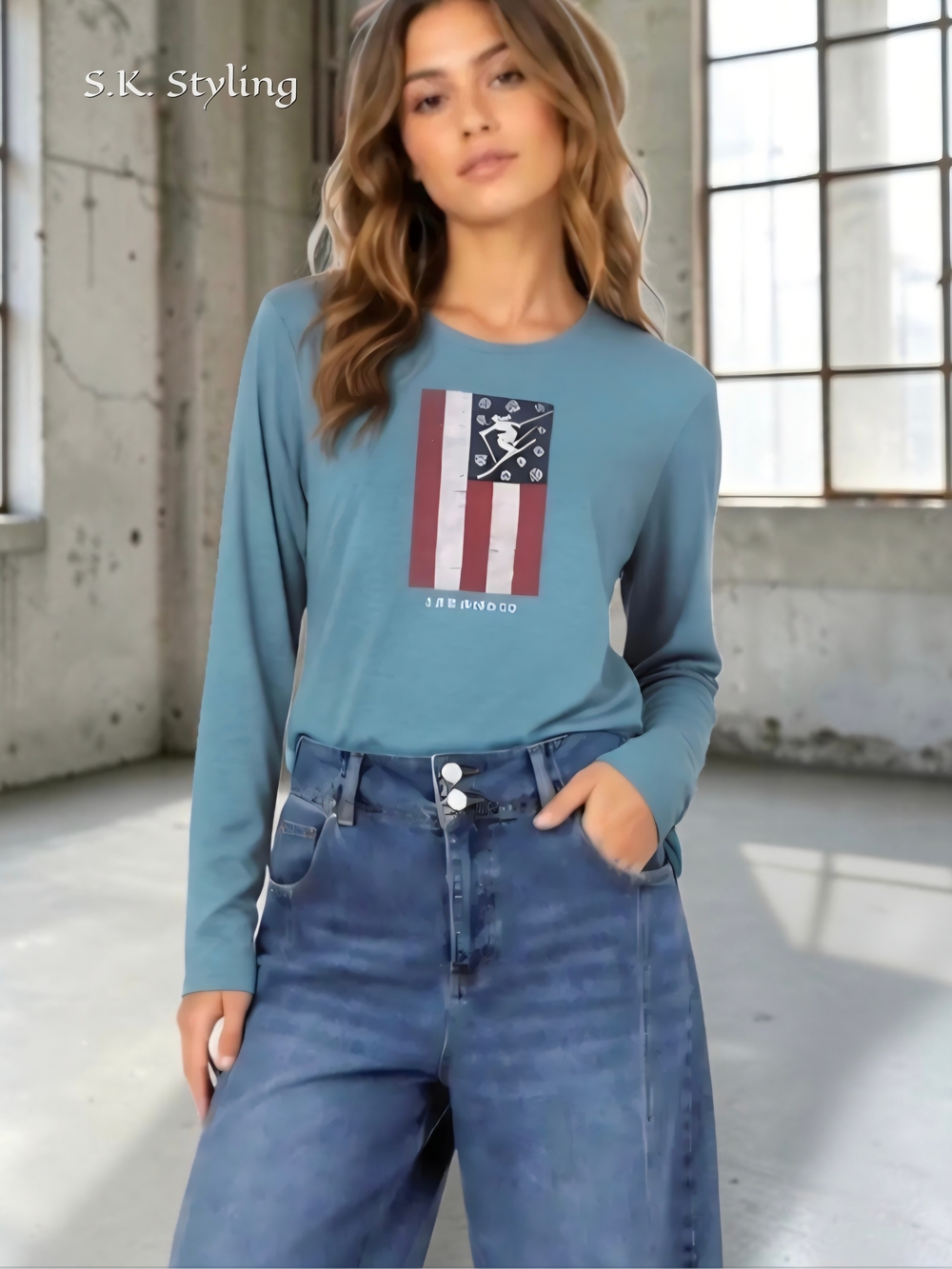 Life is Good Sweet Tee Downhill Skier American Flag Long Sleeve Blue Women's XL